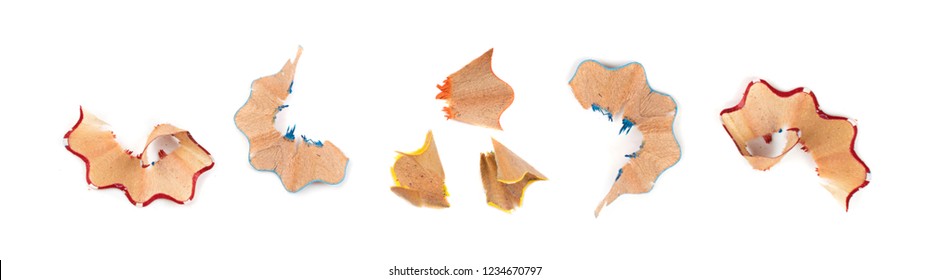 Color wood pencil and sharpening shavings isolated white background  Vintage wooden pencils and shaving garbage  waste cutting peel