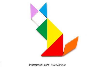 Color wood tangram puzzle in cat shape on white background