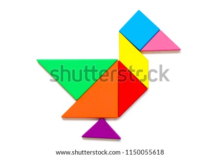 Color wood tangram puzzle in duck shape on white background