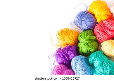 Color Yarn For Knitting, Knitting Needles And Crochet Hooks. White Background. Isolate.