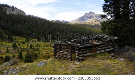 A Colorado abandoned miner's cabin at the ghost town of Ruby, along Independence Pass, in the Rocky Mountains, USA, near Aspen and Twin Lakes, in fall and autumn of 2023.
