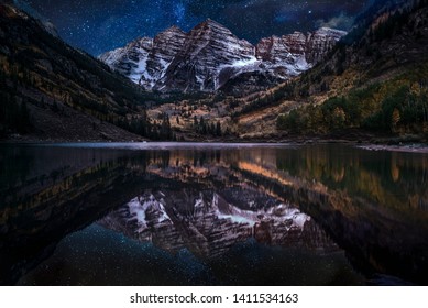 Colorado Mountain Maroon Bells Night Stars Water Reflection