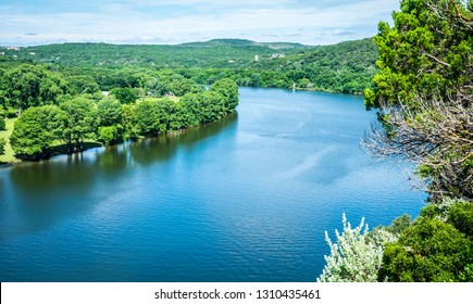 Colorado River Bend In Austin , Texas At West Lake Gorgeous Green Landscape Along The Waters Edge Texas Hill Country Landscape