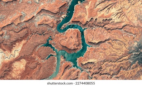 Colorado River, Lake Powell and Trachyte Canyon looking down aerial view from above – Bird’s eye view Colorado River, Utah, USA