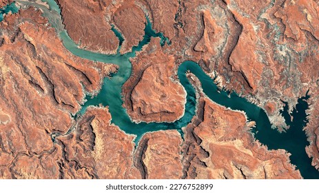Colorado River, Lake Powell and Trachyte Canyon looking down aerial view from above – Bird’s eye view Colorado River, Utah, USA	 - Powered by Shutterstock
