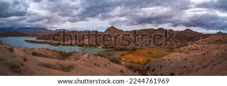 Colorado River Landscape Series, tranquil  wilderness with views of Black and Spirit Mountains and  Squadron Peak Mountain, at Mojave Lake in Bullhead City, Arizona, USA