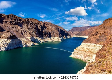 Colorado river. Low water level strip on cliff at lake Mead. View from Hoover Dam at Nevada and Arizona border, USA