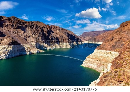 Colorado river. Low water level strip on cliff at lake Mead. View from Hoover Dam at Nevada and Arizona border, USA