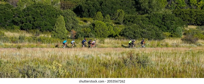 Colorado Springs, Colorado - 9-19-2021: A Group Of People Riding Bicycles On A Trail In Garden Of The Gods State Park Near Colorado Springs, Colorado