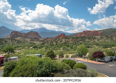 COLORADO SPRINGS, CO - 14 AUGUST 2021: The Garden Of The Gods Red Rocks As Seen From The Visitors Center Parking Lot.