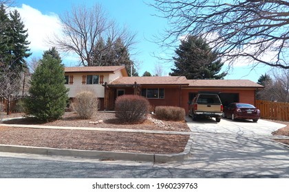 Colorado Springs, CO USA - April 14, 2021: Residential Neighborhood Home Of Colorado Springs. Pleasant Valley. Garden Of The Gods.                               