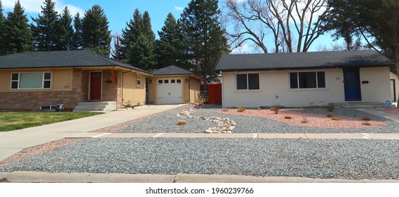 Colorado Springs, CO USA - April 14, 2021: Residential Neighborhood Home Of Colorado Springs. Pleasant Valley. Garden Of The Gods.                               