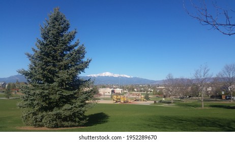 Colorado Springs, Colorado – May 4th, 2017 - Pikes Peak is visible from a city park in the Briargate Neighborhood. 
