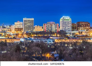 Colorado Springs, Colorado, USA Downtown City Skyline At Night.