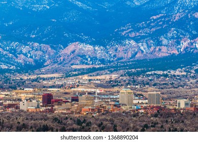 Colorado Springs, Colorado, USA Downtown Skyline And Mountains At Dusk.