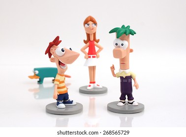 Colorado, USA - April 9, 2015: Studio shot of Disney characters from television show Phineas and Ferb. The show premiered on February 1, 2008 on Disney Channel.