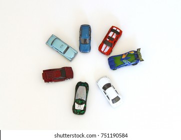 Colorado, USA - November 8, 2017: Studio shot of a variety of toy cars isolated on white background. 