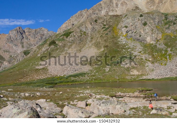 Colorado\'s Rocky Mountains - hikers at the\
Continental Divide at Herman\
Lake