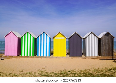 Colored beach huts La Bree-les-Bains  city on beach oleron french isle - Powered by Shutterstock