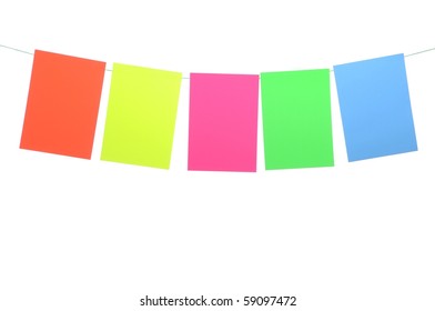 colored big paper notes hanging on wire (isolated on white background)