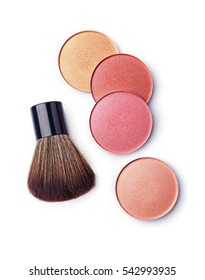 Colored Blush And Makeup Brush Isolated On White