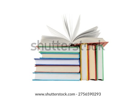 Colored books with open pages for notes, isolated, PNG