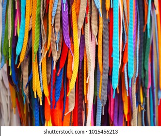 Colored Bright Shoelaces Hang In The Store.