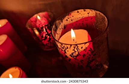 Colored candles burning, Valentines day, love, decorations, interior, beautiful, flame, Dragobete, decor, night - Powered by Shutterstock