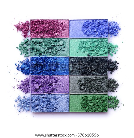 Colored crashed eyeshadow for make up as sample of cosmetic product isolated on white background