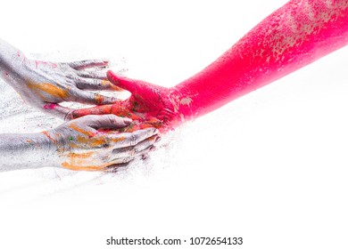 Colored creative hands, play and development, drawing and crosses. Understanding and trust, teamwork, creativity. concept of creative project