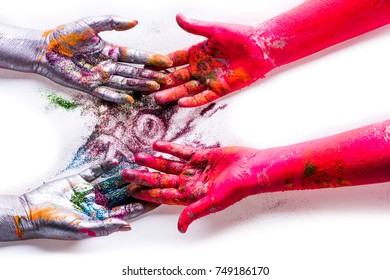 Colored creative hands, play and development, drawing and crosses. Understanding and trust, teamwork, creativity. ?oncept of creative project