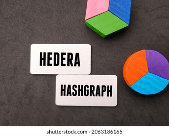 Colored cube written with text HEDERA HASHGRAPH on black background.Business concept.