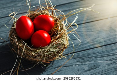 colored deep red Easter eggs in nest top view background, selective focus image. Happy Easter card	
				