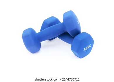 colored dumbbells isolated on white background. Blue dumbbells on a white background. Blue matte dumbbells isolated on white background.