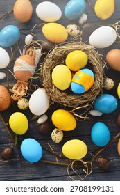 Colored Easter eggs blue yellow in eggs nest background, poster, banner, layout space for text, advertising, web, social media. Happy Easter card flyer, template card frame typography design 