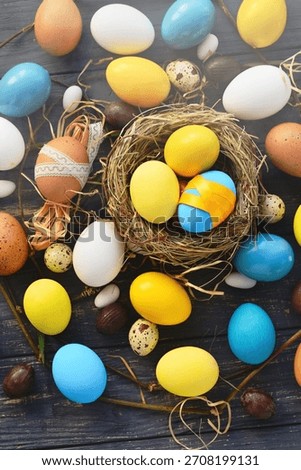 Colored Easter eggs blue yellow in eggs nest background, poster, banner, layout space for text, advertising, web, social media. Happy Easter card flyer, template card frame typography design 