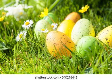 colored Easter eggs hidden in flowers and grass - Powered by Shutterstock