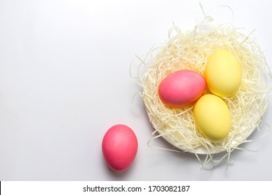 Colored Easter eggs in nest isolated on white background. Happy Easter card, copy space