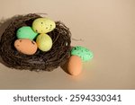 Colored Easter Eggs In Nest With Space For Text, Easter Background. High quality photo