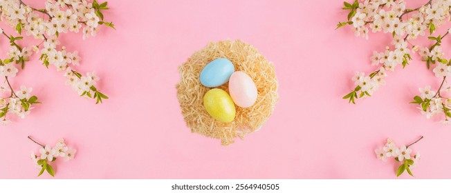 Colored easter eggs in a nest of straw and white flowering tree branches on the pink background. Top view. Copy space. - Powered by Shutterstock