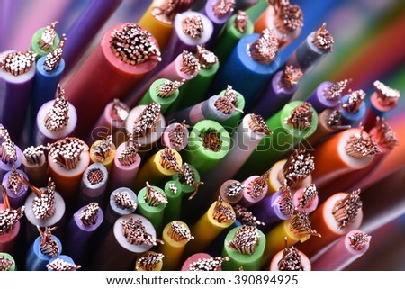 Colored electric cables closeup