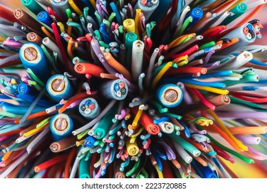 Colored electric cables and wires, closeup