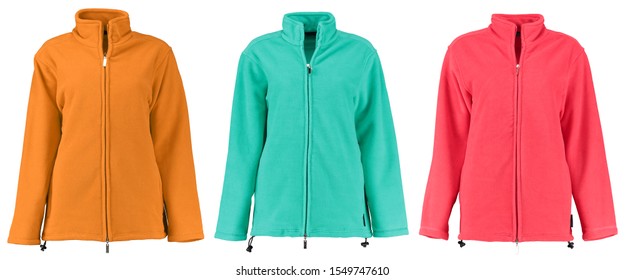 Colored fleece jackets with a zipper. Unisex style. Isolated image on a white background. Set. - Shutterstock ID 1549747610