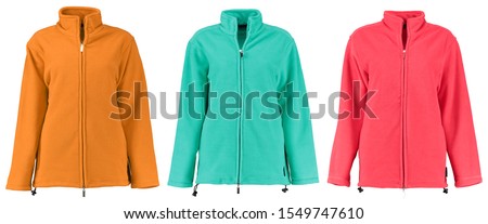 Colored fleece jackets with a zipper. Unisex style. Isolated image on a white background. Set.