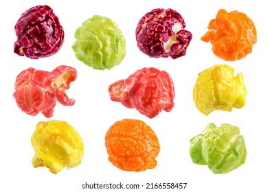 Colored fruity popcorn isolated on white background, clipping path, full depth of field