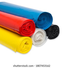 Colored Garbage Bags Roll. Roll Of Plastic Garbage Bags Isolated On White Background