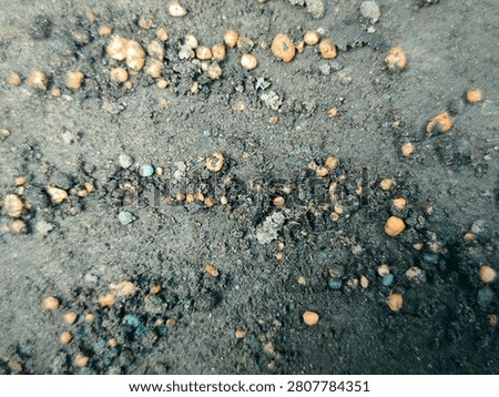 Colored granules spread on dark soil surface. Orange and turquoise particles stand out against earth texture. Close view reveals grain pattern and soil detail. Ground scene shows natural mixture.