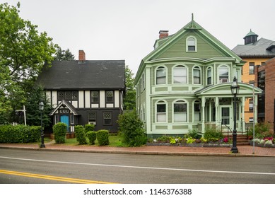 Colored and historic houses in Portsmouth, New Hampshire, USA.