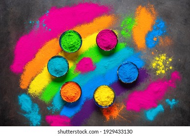 Colored holi powders in a bowl. Holi traditional festival. View from above. Textured grunge background.