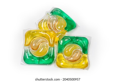 Colored Laundry Detergent Capsules On A White Background, Top View
